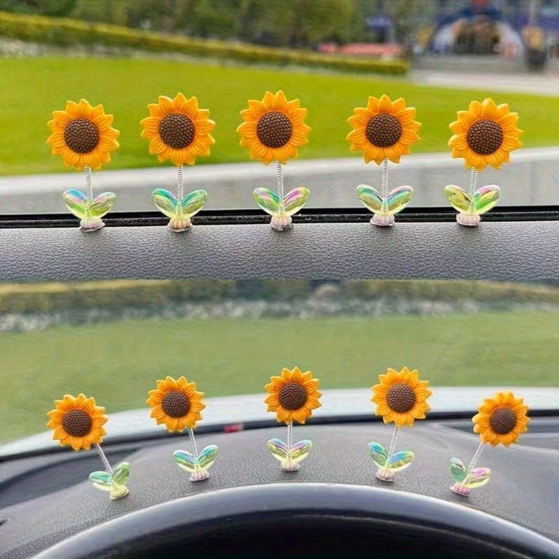 Mini Sunflower Car Dashboard Decoration Set of 10 | Self-Adhesive Swing Bobble Head Resin Flowers | Removable Cute Car Interior Accessories for Dashboard Mirror Home Office Desk Decor