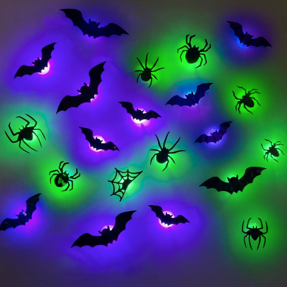 3DGlow LED Spider & Bat Wall Decals – Flashing Gothic Window Stickers for Halloween Party Decor