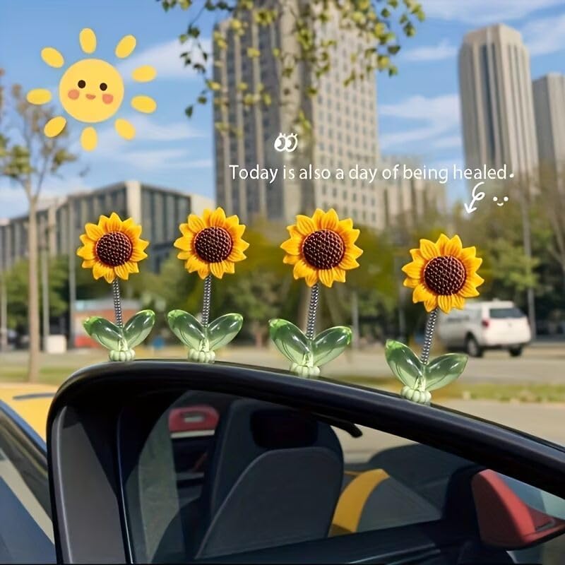 Mini Sunflower Car Dashboard Decoration Set of 10 | Self-Adhesive Swing Bobble Head Resin Flowers | Removable Cute Car Interior Accessories for Dashboard Mirror Home Office Desk Decor