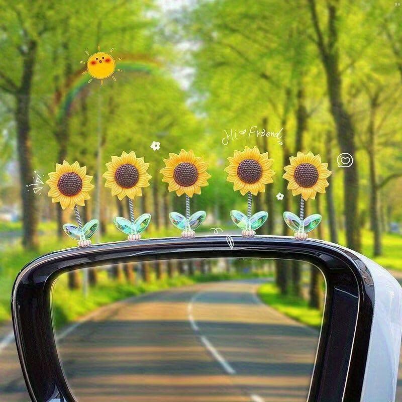 Mini Sunflower Car Dashboard Decoration Set of 10 | Self-Adhesive Swing Bobble Head Resin Flowers | Removable Cute Car Interior Accessories for Dashboard Mirror Home Office Desk Decor