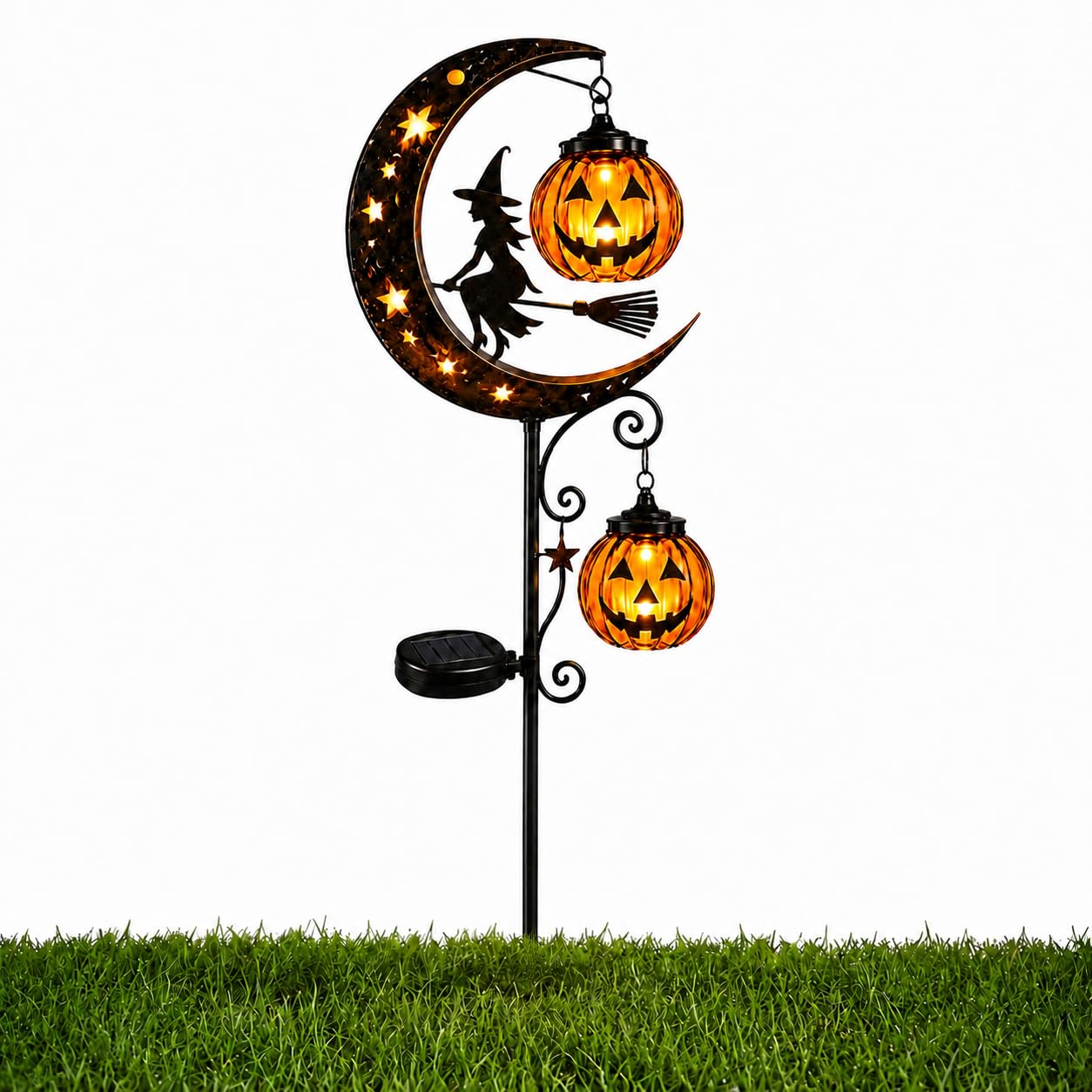Solar Halloween Black Cat & Pumpkin Moon Garden Stake Light, Outdoor Waterproof LED Yard Decoration with Crescent Moon, Hanging Jack-o'-Lantern Lantern for Garden, Patio, Walkway, Porch