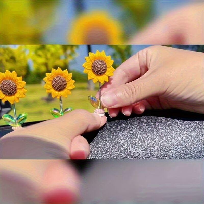 Mini Sunflower Car Dashboard Decoration Set of 10 | Self-Adhesive Swing Bobble Head Resin Flowers | Removable Cute Car Interior Accessories for Dashboard Mirror Home Office Desk Decor