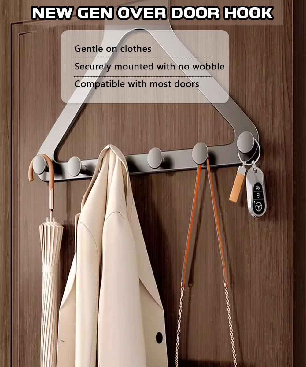 Over-the-Door Hanger Rack with 6 Hooks – No-Drill Space-Saving Organizer for Coats, Bags, Towels, Keys and Clothes Hangers