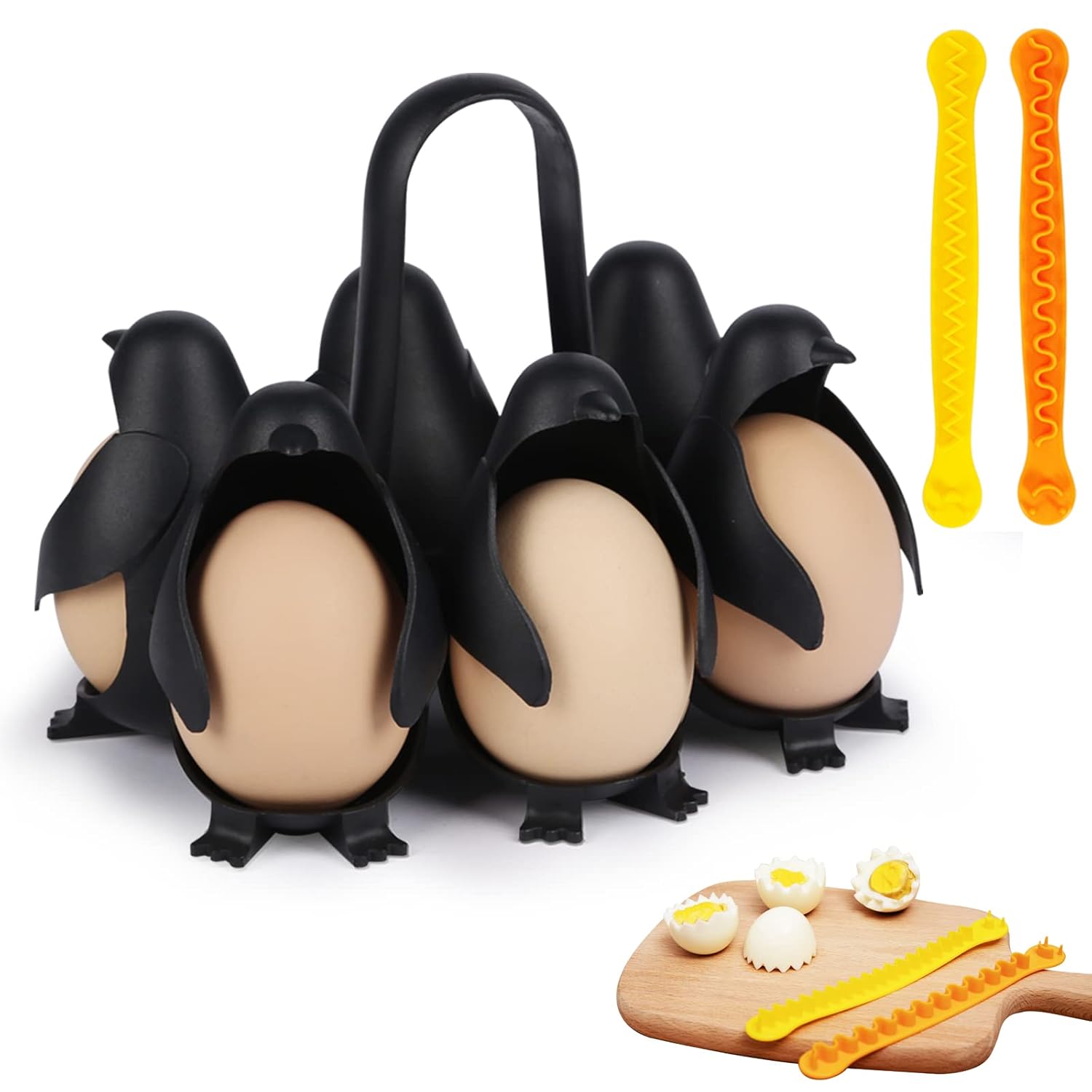Penguin Egg Poacher & Cutter Set – Non-Stick Silicone Cups for Perfect Poached Eggs, 6-Egg Holder for Cooking & Fridge Storage