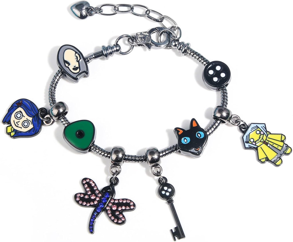 Dark Fantasy Button-Eye Charm Bracelet – Adjustable Storybook-Inspired Bracelet with Cat, Key & Dragonfly Charms