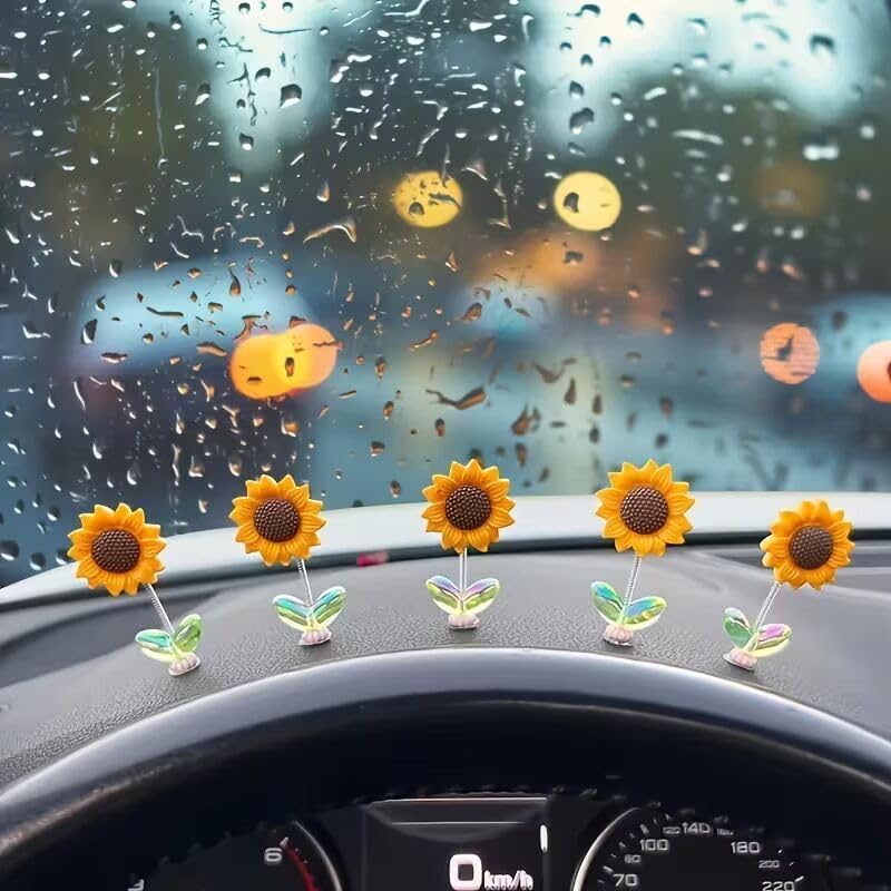 Mini Sunflower Car Dashboard Decoration Set of 10 | Self-Adhesive Swing Bobble Head Resin Flowers | Removable Cute Car Interior Accessories for Dashboard Mirror Home Office Desk Decor