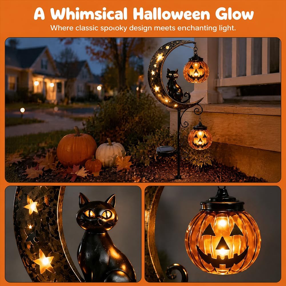 Solar Halloween Black Cat & Pumpkin Moon Garden Stake Light, Outdoor Waterproof LED Yard Decoration with Crescent Moon, Hanging Jack-o'-Lantern Lantern for Garden, Patio, Walkway, Porch