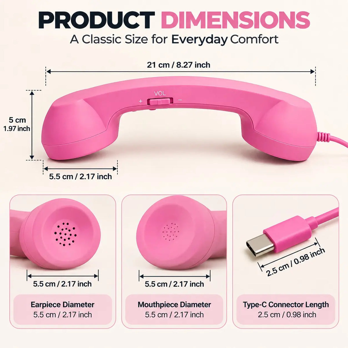 Retro Phone Handset – Type-C / 3.5mm Wired Receiver with Mic & Volume Control