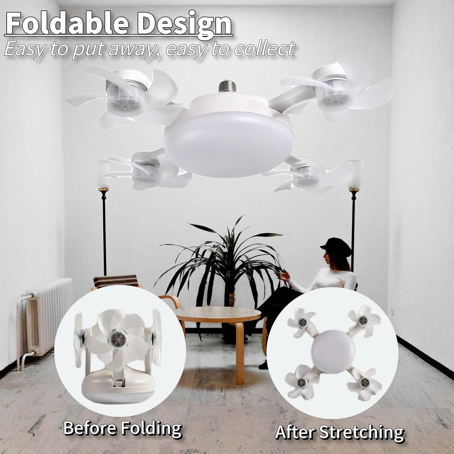 Bombilla de ventilador de techo atornillada con control remoto, enchufe E27, 3 velocidades, ajustable, regulable, bombilla LED, ventilador de 3000 K-6000 K, color para dormitorio, cocina, garaje (4 cabezas)