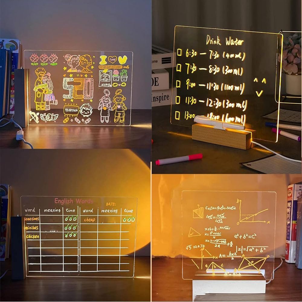 LED Acrylic Message Board with Stand – Reusable Light-Up Drawing & Writing Sign with Fluorescent Markers