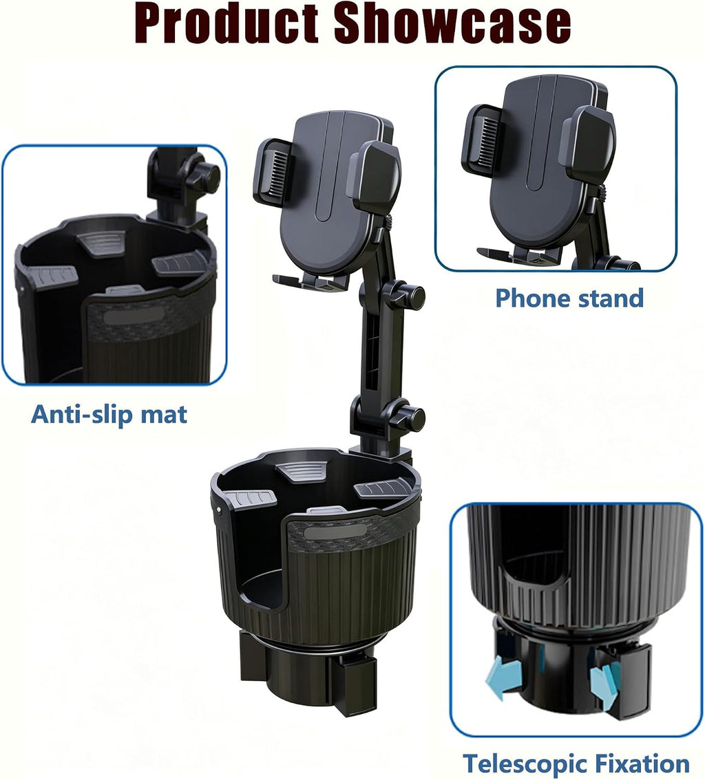 Stop the Console Clutter – 2-in-1 Car Cup Holder Phone Mount & Organizer｜Adjustable No-Adhesive Navigation Stand with Expandable Base for 2.56–3.94 in Round Cup Holders