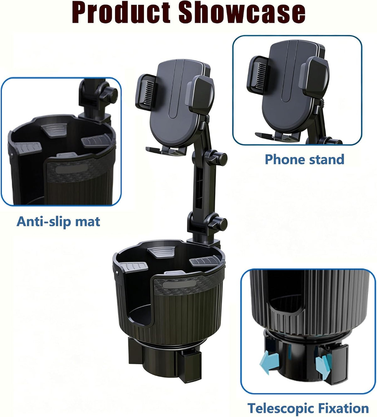 Stop the Console Clutter – 2-in-1 Car Cup Holder Phone Mount & Organizer｜Adjustable No-Adhesive Navigation Stand with Expandable Base for 2.56–3.94 in Round Cup Holders