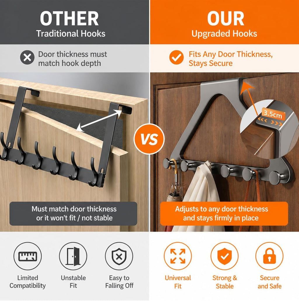 Over-the-Door Hanger Rack with 6 Hooks – No-Drill Space-Saving Organizer for Coats, Bags, Towels, Keys and Clothes Hangers