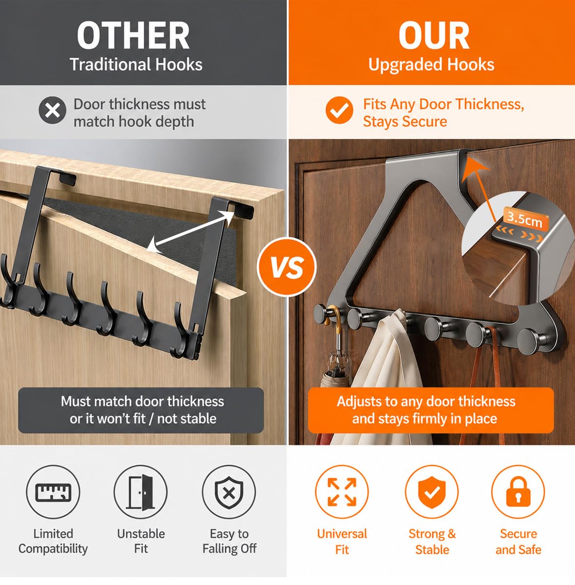 Over-the-Door Hanger Rack with 6 Hooks – No-Drill Space-Saving Organizer for Coats, Bags, Towels, Keys and Clothes Hangers