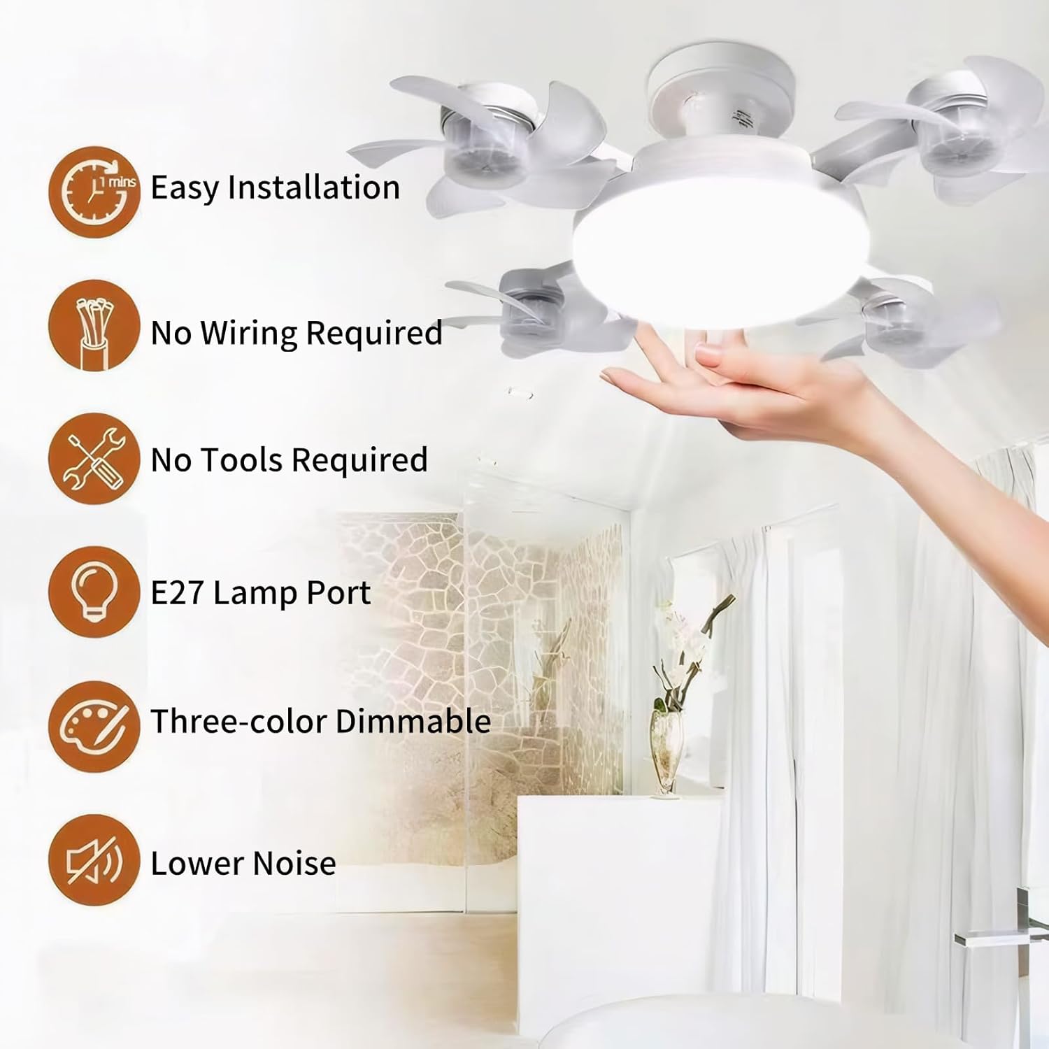 Bombilla de ventilador de techo atornillada con control remoto, enchufe E27, 3 velocidades, ajustable, regulable, bombilla LED, ventilador de 3000 K-6000 K, color para dormitorio, cocina, garaje (4 cabezas)