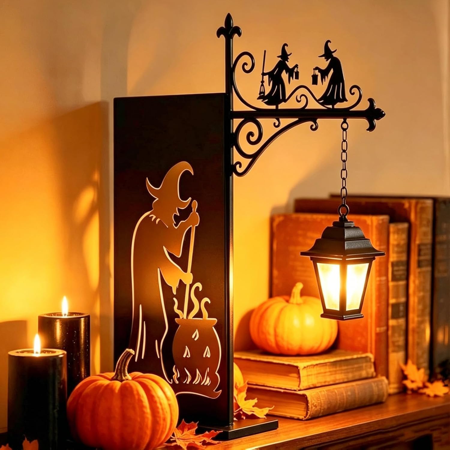 Witch Bookshelf Lamp, Gothic Table Lamp with Vintage Bookcase Design, Halloween Room Decor, 3D Illusion Reading Nook Light for Bedroom, Living Room and Library