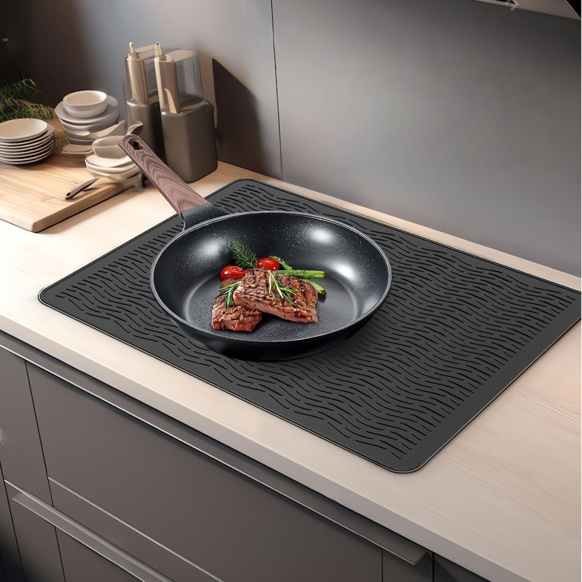 Stop Wet, Cluttered Countertops – Extra-Large Silicone Dish Drying Mat｜Raised Drainage Ridges, Non-Slip Flexible Design for Dishes, Cookware, Coffee Stations & More
