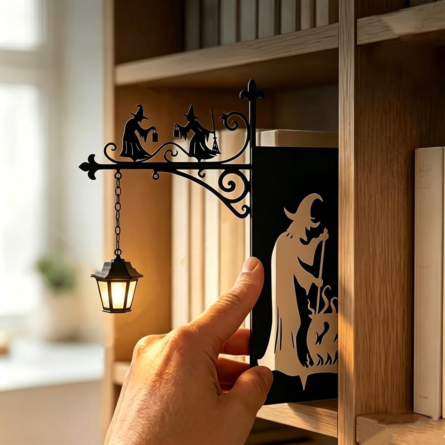 Witch Bookshelf Lamp, Gothic Table Lamp with Vintage Bookcase Design, Halloween Room Decor, 3D Illusion Reading Nook Light for Bedroom, Living Room and Library
