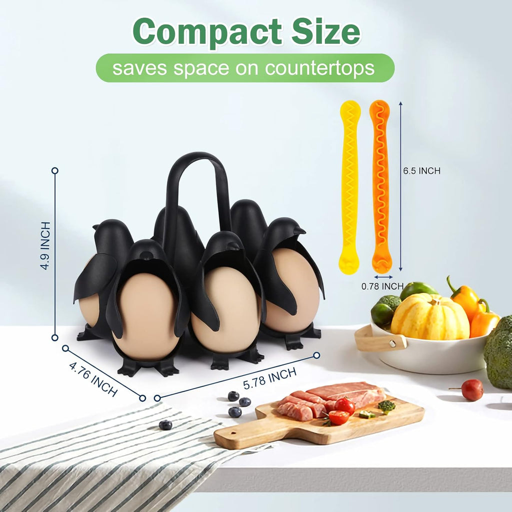 Penguin Egg Poacher & Cutter Set – Non-Stick Silicone Cups for Perfect Poached Eggs, 6-Egg Holder for Cooking & Fridge Storage