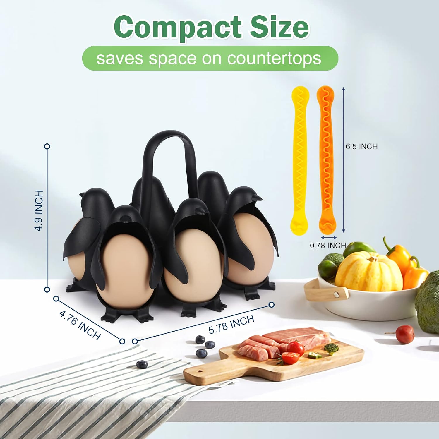 Penguin Egg Poacher & Cutter Set – Non-Stick Silicone Cups for Perfect Poached Eggs, 6-Egg Holder for Cooking & Fridge Storage