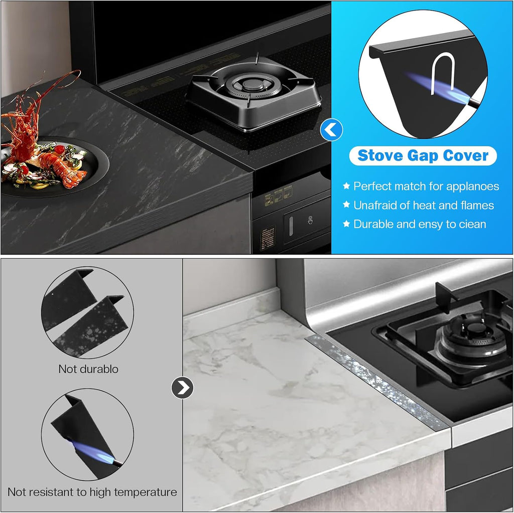 Stainless Steel Stove Gap Covers,Stove Gap Filler,kitchen stove counter gap cover,Easy to Clean Gap Filler,Easy retractable Length 13.8" to 27.6",Black(2PCS)