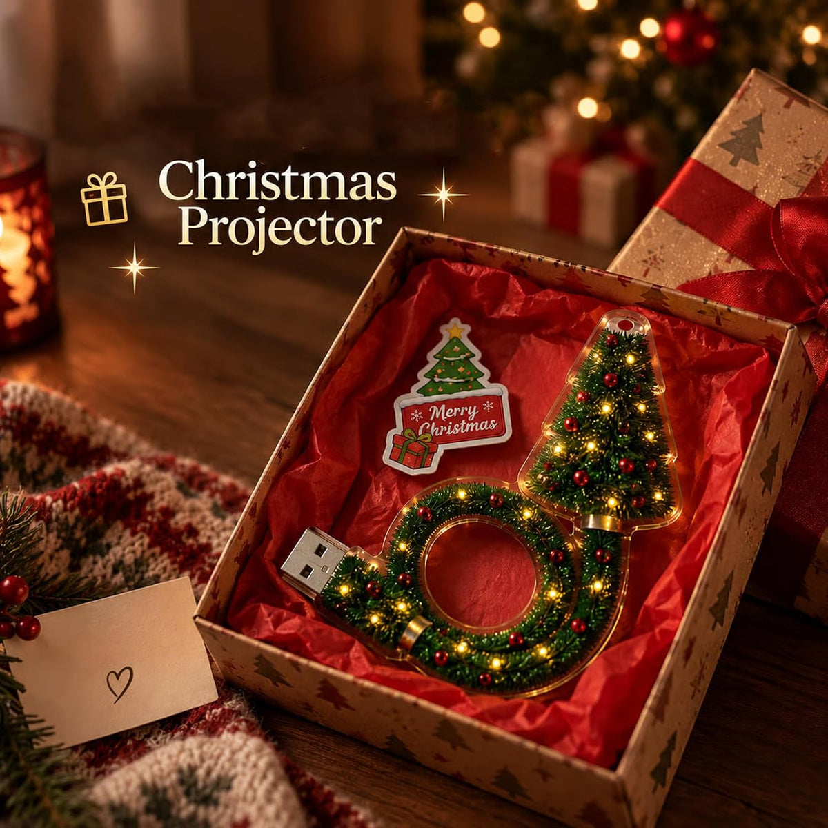 Christmas Projector Light – USB Flexible Tree Lamp with 6 Festive Patterns