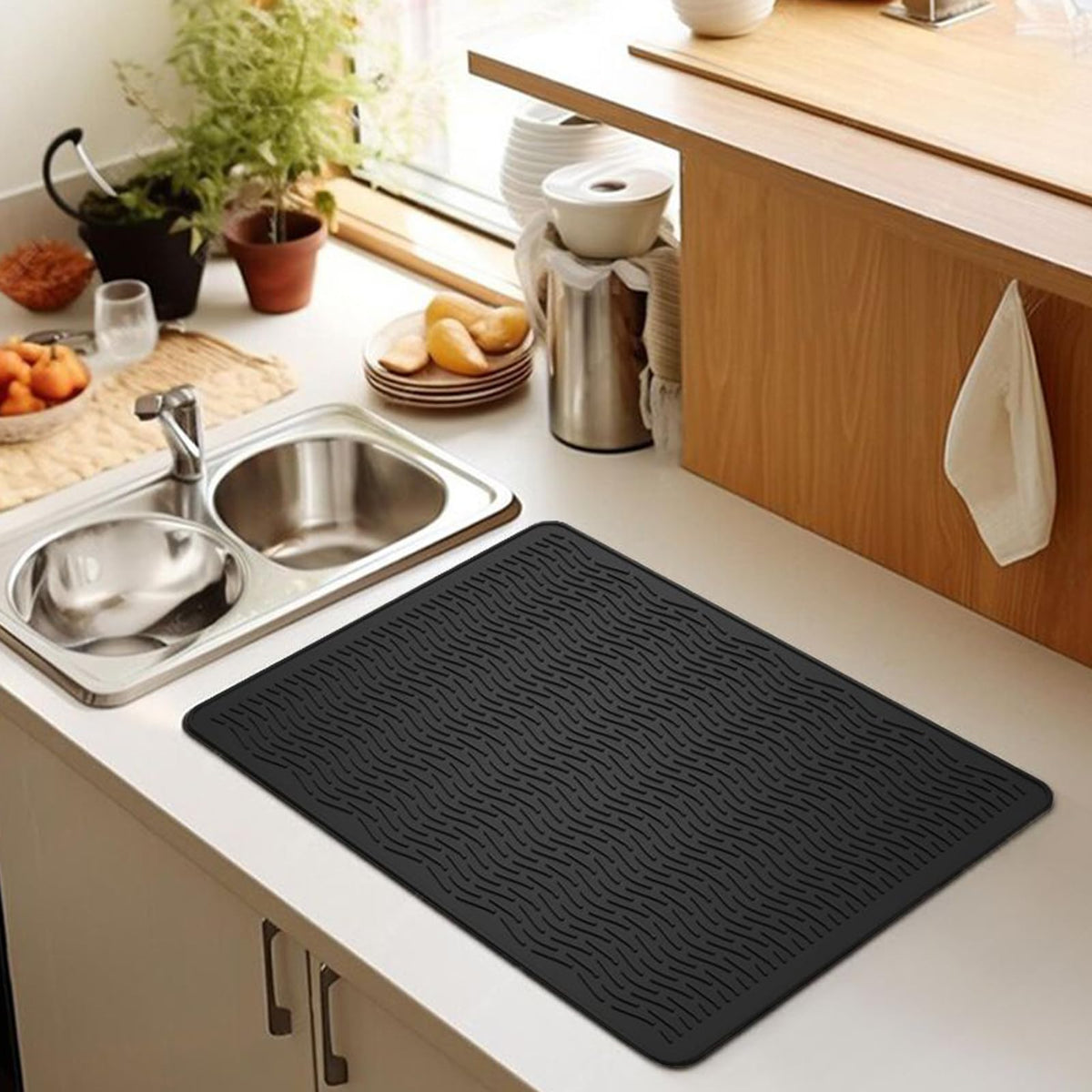 Stop Wet, Cluttered Countertops – Extra-Large Silicone Dish Drying Mat｜Raised Drainage Ridges, Non-Slip Flexible Design for Dishes, Cookware, Coffee Stations & More
