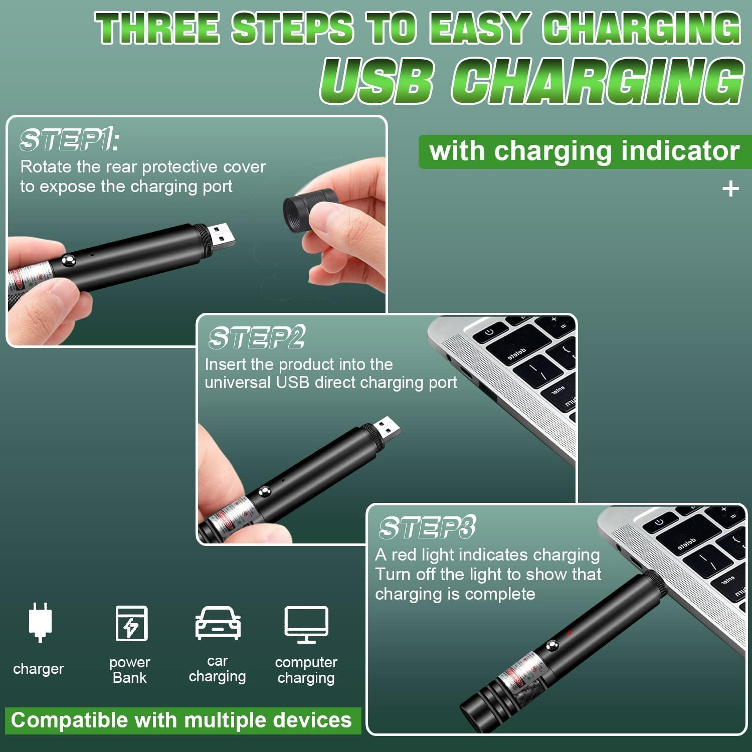 LUEIIN Green Laser Pointer for Presentations – Bright Green Laser Beam, USB Rechargeable, Lightweight Presenter Clicker for Teaching, Meetings & Conferences