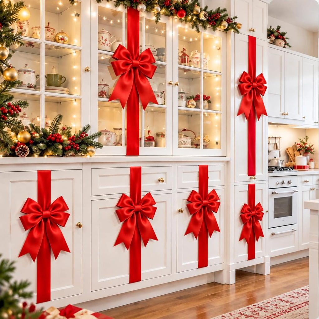 Red Pre-Tied Christmas Cabinet Bows with Long Ribbon Tails – 39.4 in Festive Holiday Decorations for Kitchen Cabinets, Doors, Chairs and Stair Railings, 2/4/6/8-Pack