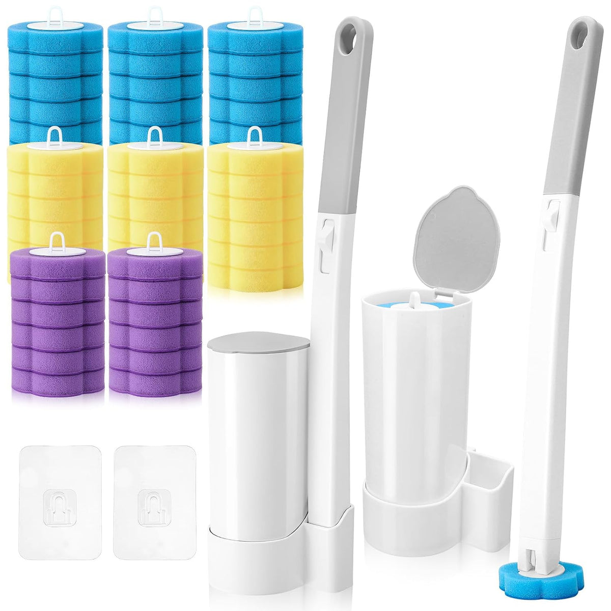 Disposable Toilet Brush Wand with Wall-Mounted Storage & 24 or 48 Blue Replacement Heads｜Clean the Toilet Without Keeping a Dirty Brush