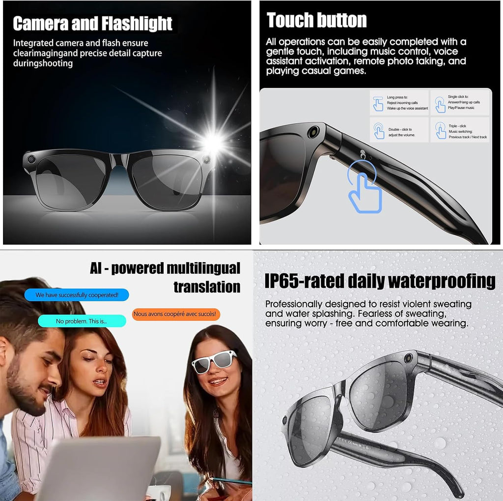 AI Smart Glasses with 8MP Camera | Real-Time Translation, AI Object Recognition, Bluetooth Calls & Music