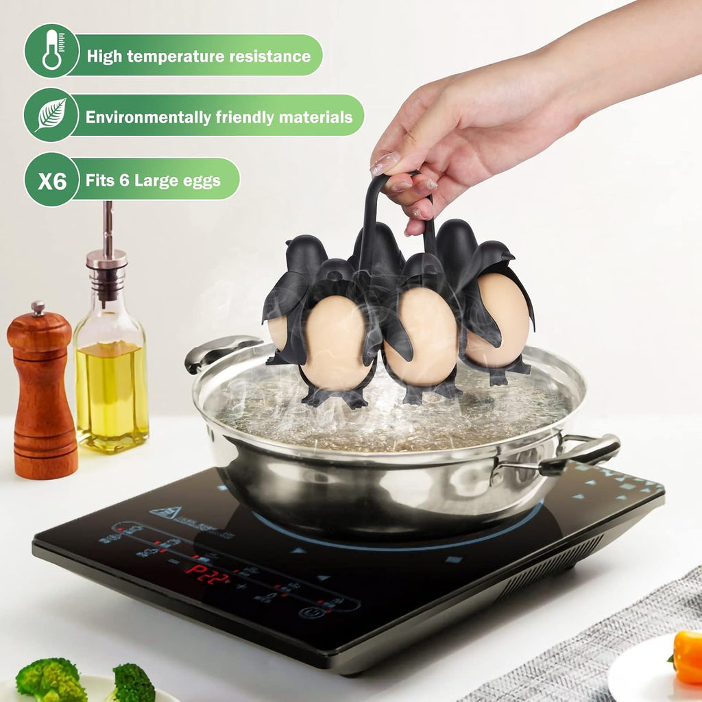 Penguin Egg Poacher & Cutter Set – Non-Stick Silicone Cups for Perfect Poached Eggs, 6-Egg Holder for Cooking & Fridge Storage