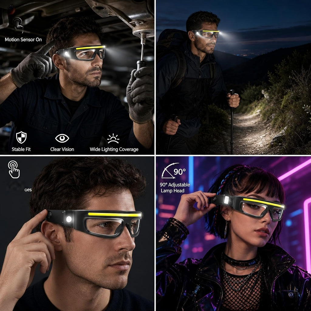 Light Exactly Where You Look – Rechargeable Hands-Free LED Light Glasses｜Dual Near &amp; Distance Lighting with 5 Modes, Touchless Wave Control and USB-C Charging