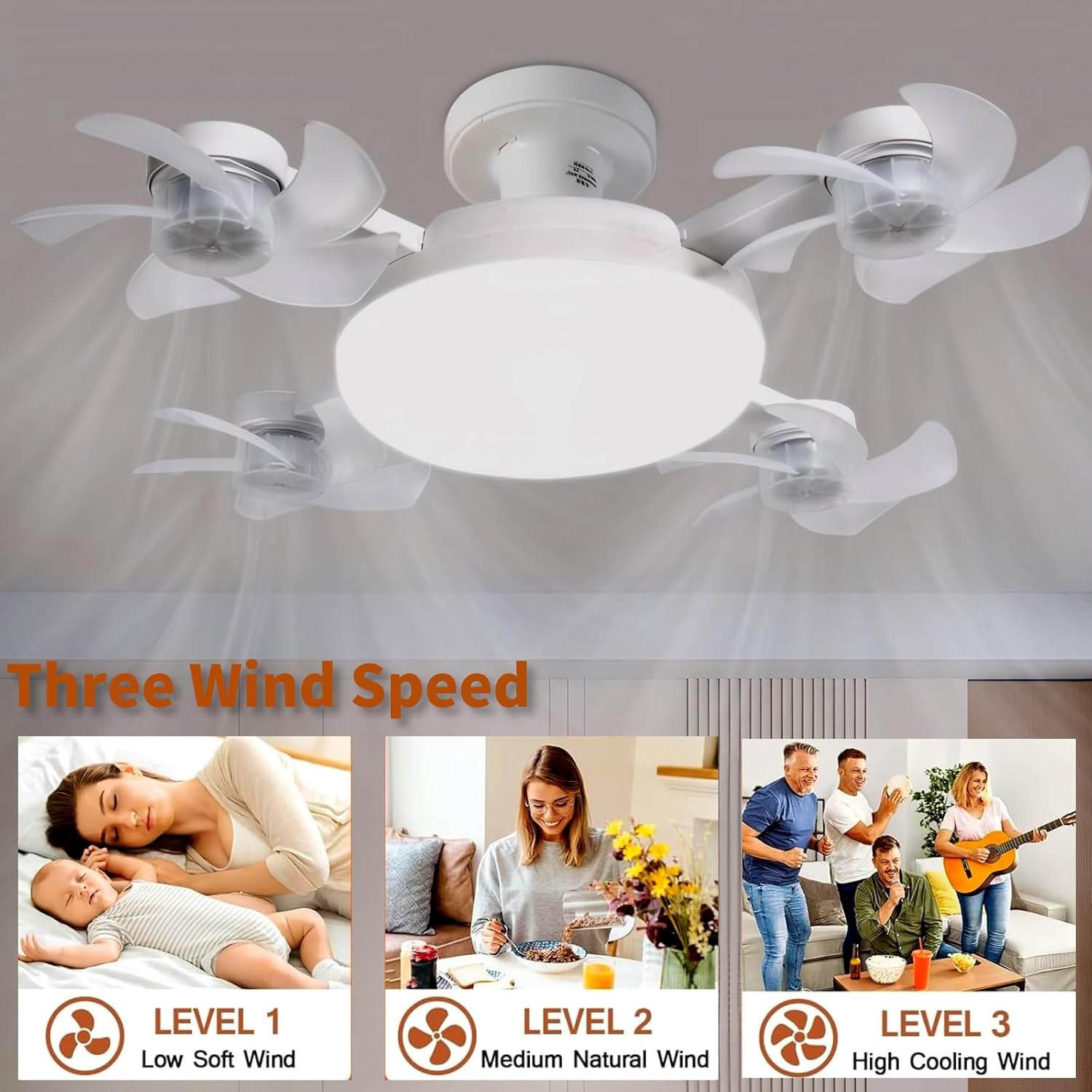 Bombilla de ventilador de techo atornillada con control remoto, enchufe E27, 3 velocidades, ajustable, regulable, bombilla LED, ventilador de 3000 K-6000 K, color para dormitorio, cocina, garaje (4 cabezas)