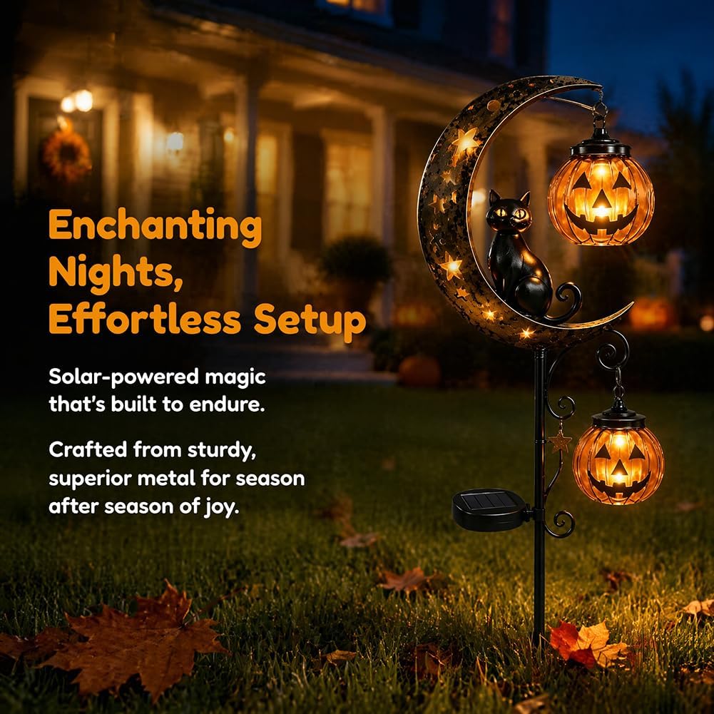 Solar Halloween Black Cat & Pumpkin Moon Garden Stake Light, Outdoor Waterproof LED Yard Decoration with Crescent Moon, Hanging Jack-o'-Lantern Lantern for Garden, Patio, Walkway, Porch