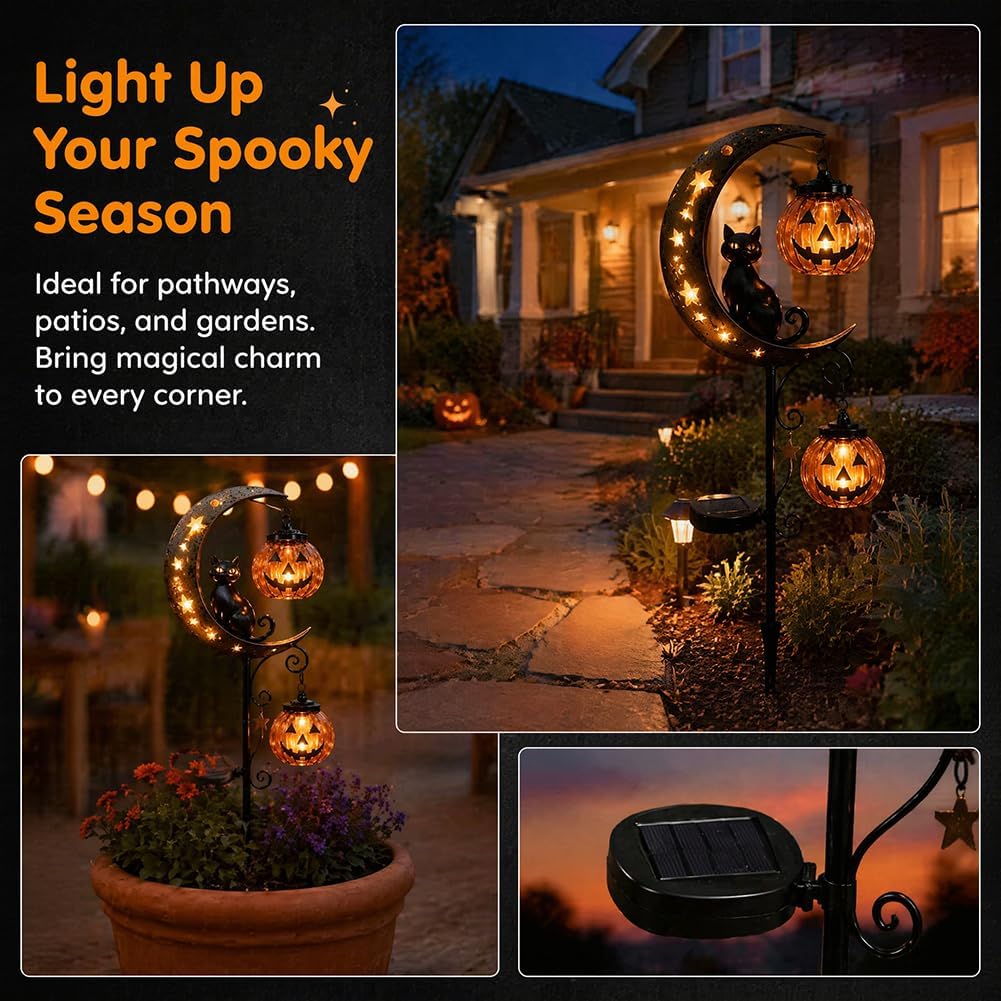 Solar Halloween Black Cat & Pumpkin Moon Garden Stake Light, Outdoor Waterproof LED Yard Decoration with Crescent Moon, Hanging Jack-o'-Lantern Lantern for Garden, Patio, Walkway, Porch