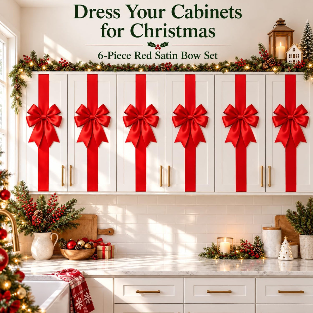 Red Pre-Tied Christmas Cabinet Bows with Long Ribbon Tails – 39.4 in Festive Holiday Decorations for Kitchen Cabinets, Doors, Chairs and Stair Railings, 2/4/6/8-Pack