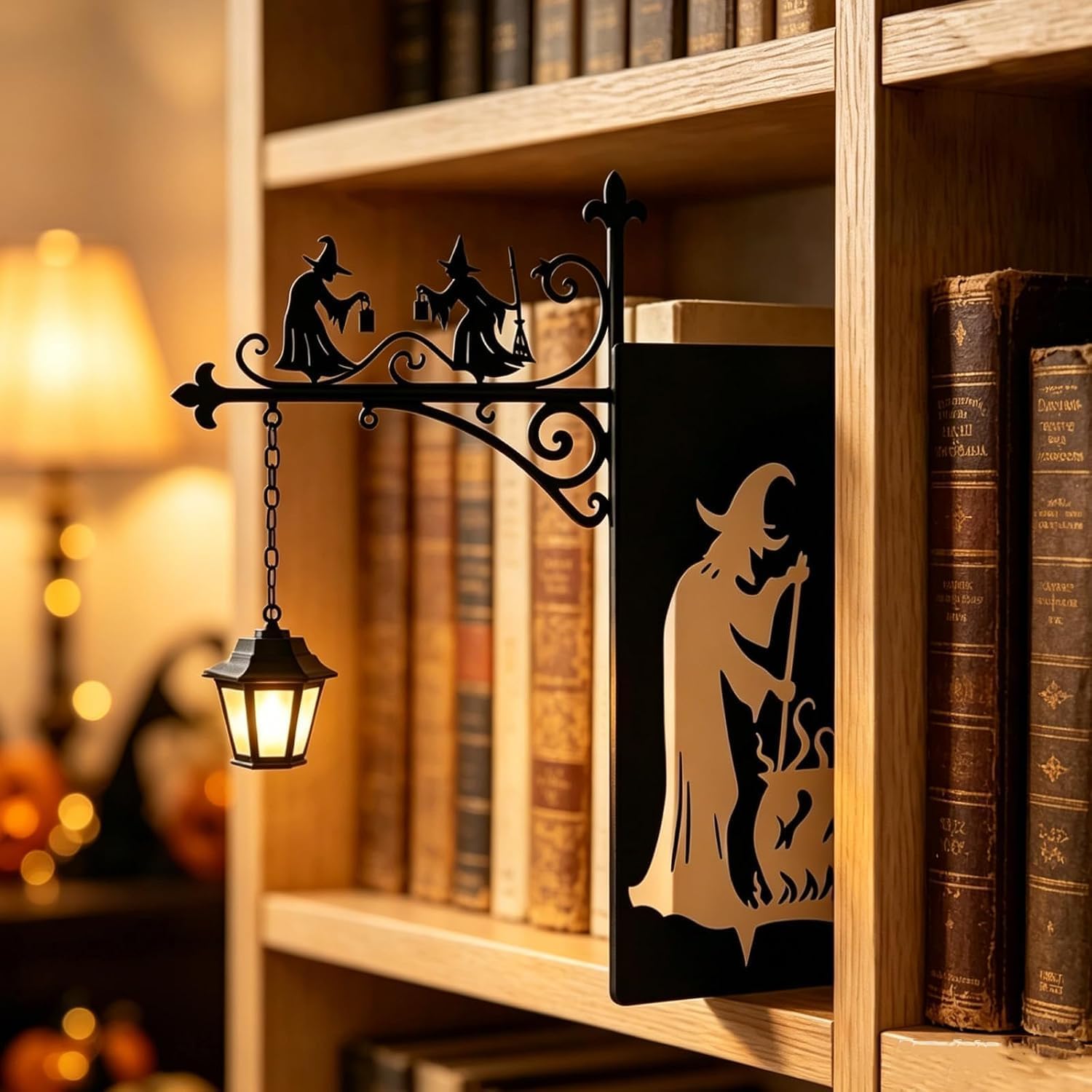 Witch Bookshelf Lamp, Gothic Table Lamp with Vintage Bookcase Design, Halloween Room Decor, 3D Illusion Reading Nook Light for Bedroom, Living Room and Library