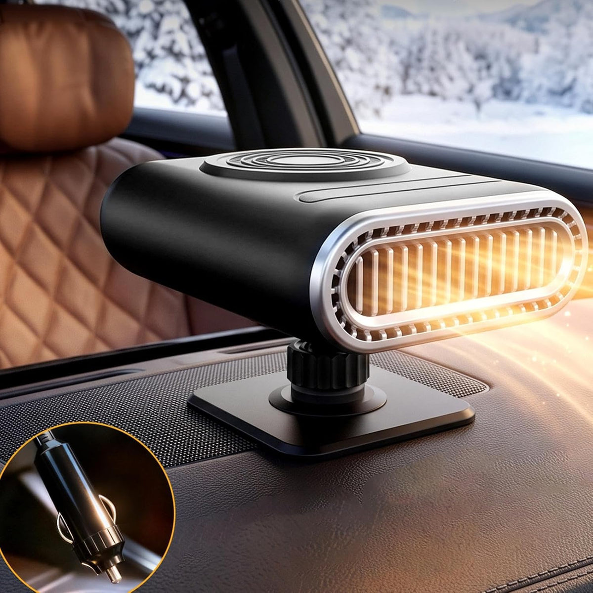 12V Portable Car Heater & Defogging Fan – 120W Three-Setting Dashboard Heater with Adjustable Mount for Winter Driving