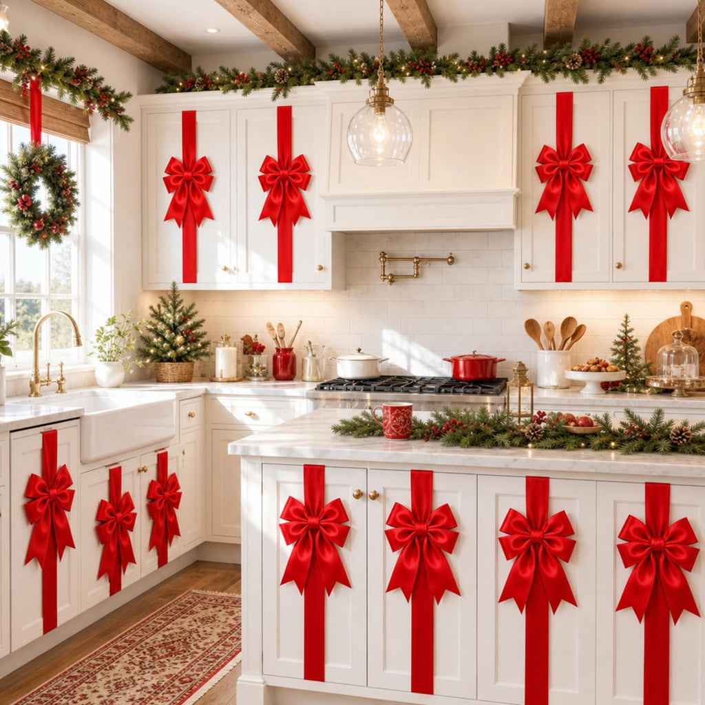 Red Pre-Tied Christmas Cabinet Bows with Long Ribbon Tails – 39.4 in Festive Holiday Decorations for Kitchen Cabinets, Doors, Chairs and Stair Railings, 2/4/6/8-Pack
