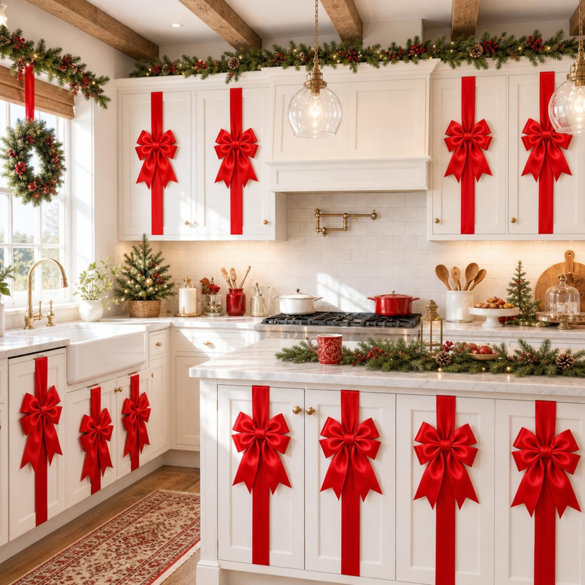 Red Pre-Tied Christmas Cabinet Bows with Long Ribbon Tails – 39.4 in Festive Holiday Decorations for Kitchen Cabinets, Doors, Chairs and Stair Railings, 2/4/6/8-Pack