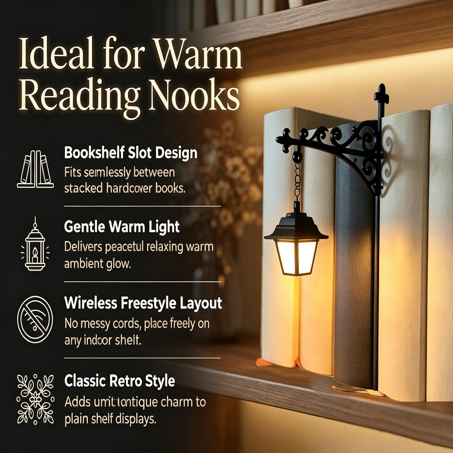 Library Lantern-Decorative Bookshelf Lighting, Reading Book Shelf Lights for Bookworms, Antique Led Books Nook Lamp Ornament for Study Reading Corner Home Library, Unique Gift for Book Lovers(3Pcs)