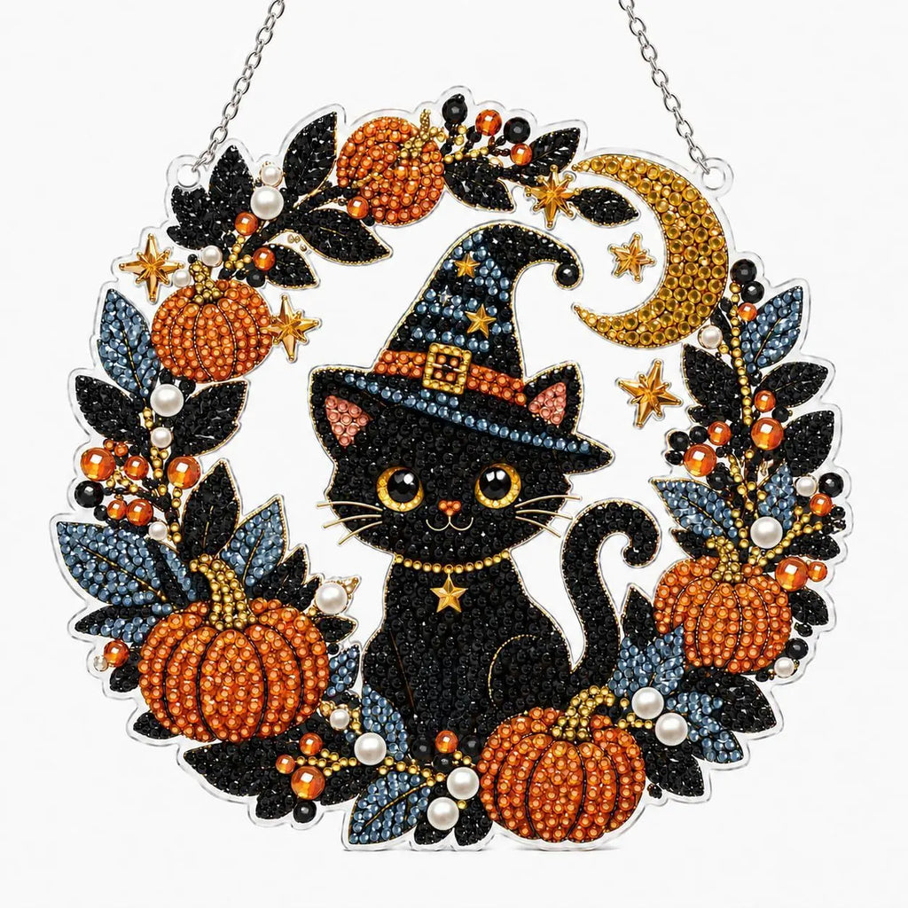 Halloween Diamond Art Suncatcher DIY Kit – Black Cat & Pumpkin Crystal Window Hanging Ornament Craft