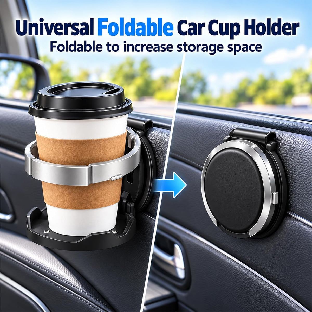 Foldable Car Door Cup Holder – Clip-On Drink Organizer and Phone Stand for Everyday Driving