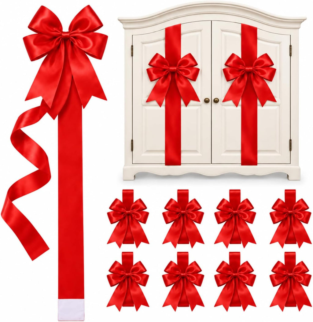Red Pre-Tied Christmas Cabinet Bows with Long Ribbon Tails – 39.4 in Festive Holiday Decorations for Kitchen Cabinets, Doors, Chairs and Stair Railings, 2/4/6/8-Pack