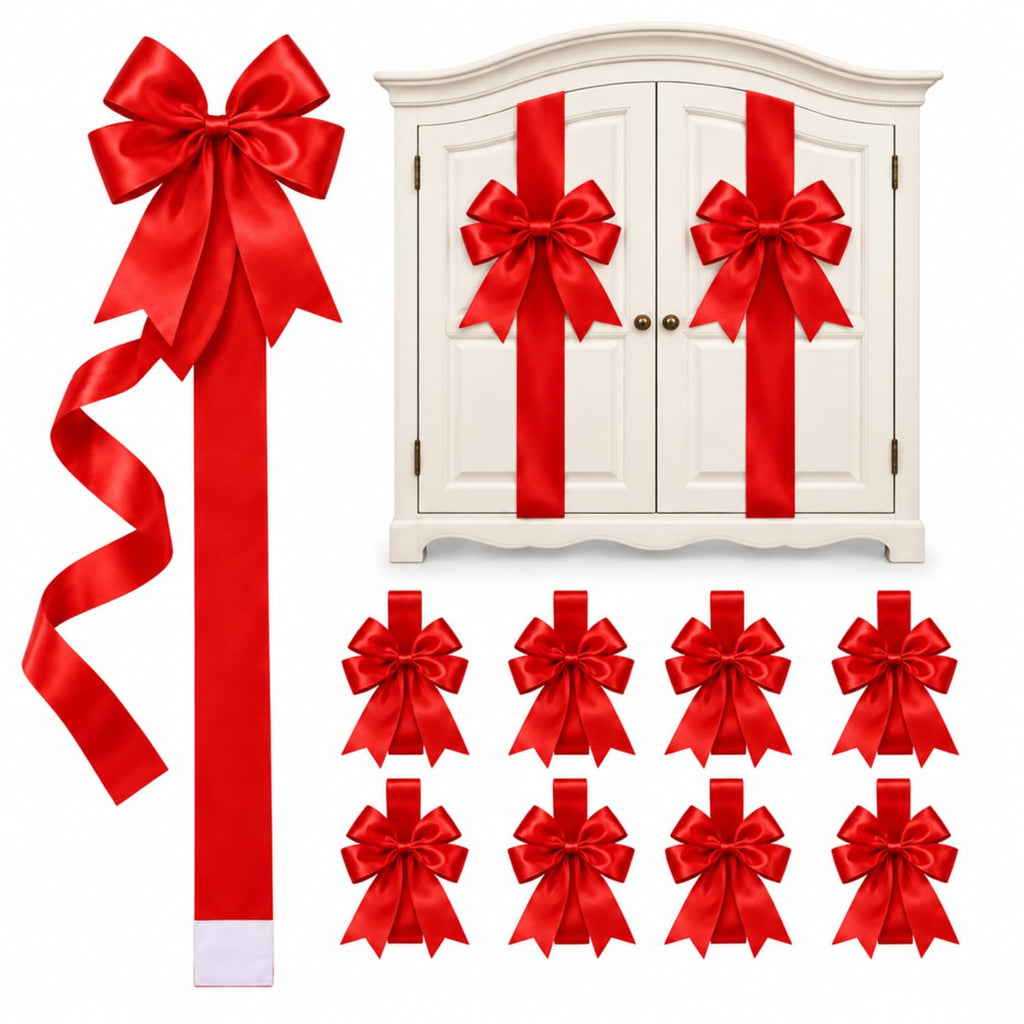 Red Pre-Tied Christmas Cabinet Bows with Long Ribbon Tails – 39.4 in Festive Holiday Decorations for Kitchen Cabinets, Doors, Chairs and Stair Railings, 2/4/6/8-Pack