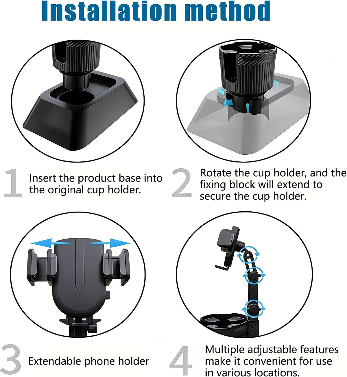 Stop the Console Clutter – 2-in-1 Car Cup Holder Phone Mount & Organizer｜Adjustable No-Adhesive Navigation Stand with Expandable Base for 2.56–3.94 in Round Cup Holders