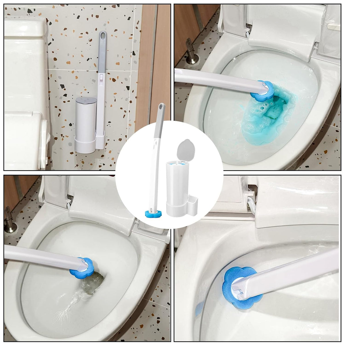 Disposable Toilet Brush Wand with Wall-Mounted Storage & 24 or 48 Blue Replacement Heads｜Clean the Toilet Without Keeping a Dirty Brush