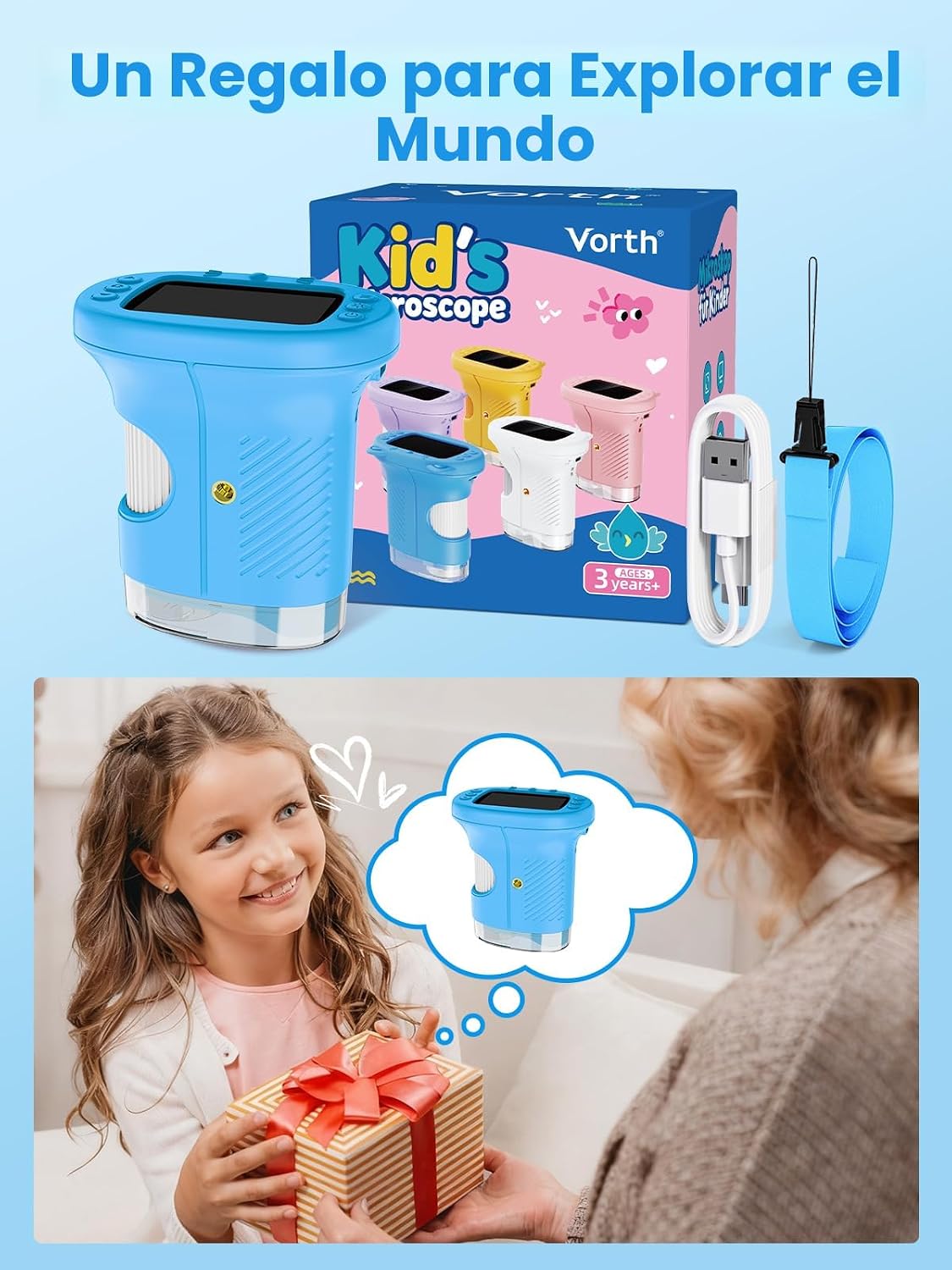 Microscopio para niños, microscopio digital de 2.4 pulgadas con aumento de 1000X, cámara de mano, mini lupa de bolsillo, juguetes educativos de regalos de cumpleaños de Navidad para mayores de 3