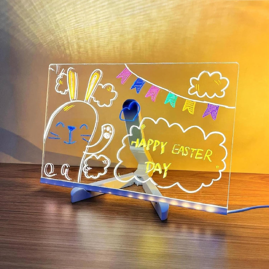 LED Acrylic Message Board with Stand – Reusable Light-Up Drawing & Writing Sign with Fluorescent Markers